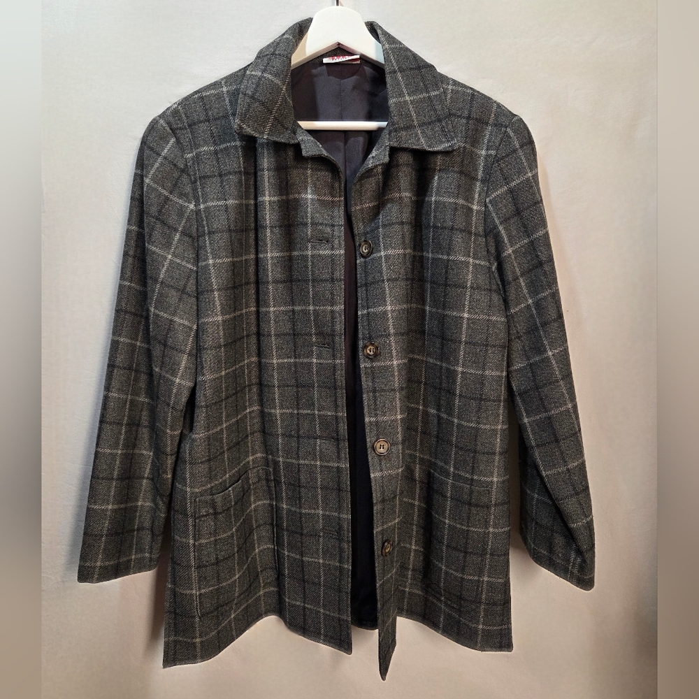 Vintage Petite Grey Plaid Overcoat Collared Straight Lines Pockets Size 10 Alia